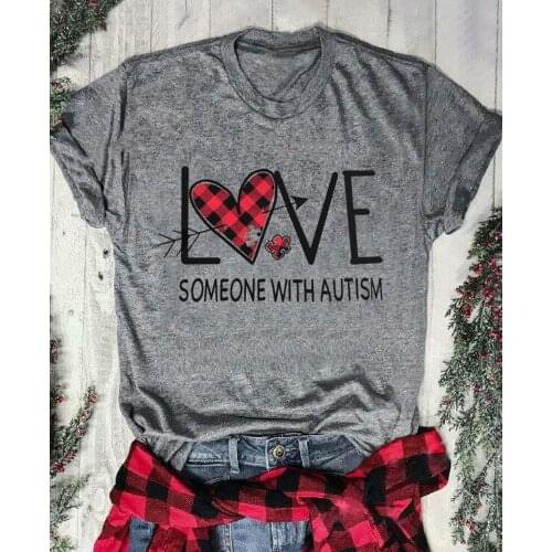 Love Someone With Autism Colored T-shirt Funny Plaid Splicing Loved Arrow Graphic Tee Top Cute Women Valentines Day Gift Tshirt