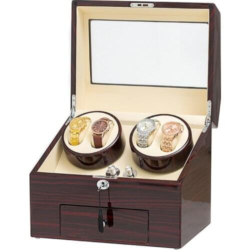 JQUEEN Automatic Ebony Baking Finish Watch Winder Display Box 4+9 Storages Brown PU Leather Interior