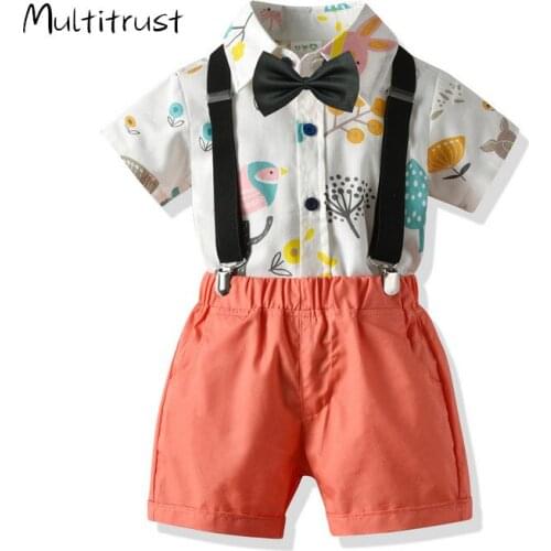 Baby Boys Gentleman Clothes Sets 3PCS Bow Tie Short Sleeve Cartoon Print Tops Shorts Trousers Outfits 2020 Summer