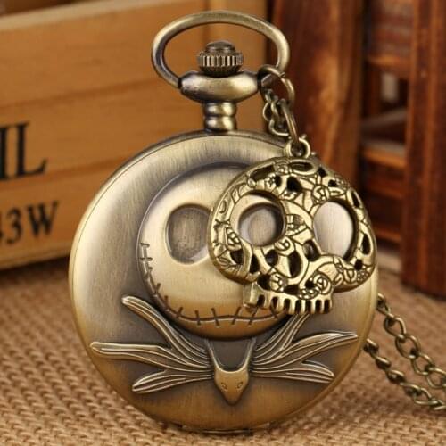 Tim Burton The Nightmare Before Christmas Quartz Pocket Watch Jack Skellington Pendant Retro Bronze Jewelry Fob Necklace Watches