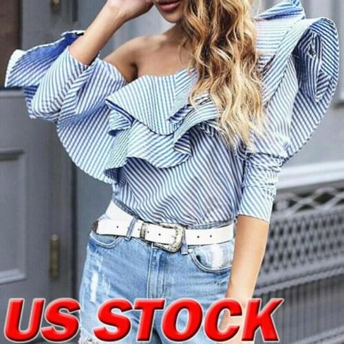 Fashion Women Ladies Striped Party Holiday Ruffle Frill Casual Off One Shoulder Slash Neck Long Sleeve Tops T-Shirt Shirt