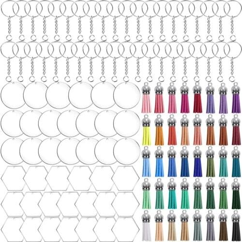 160 Pcs Acrylic Keychain Blanks Craft Tassel Set, Clear Keychain Blank (Hexagon and Round) for DIY Keychain Crafting