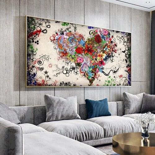 Wall Art Picture Canvas Print Love Painting Abstract Colorful Heart Flowers Posters For Living Room Home No Frame