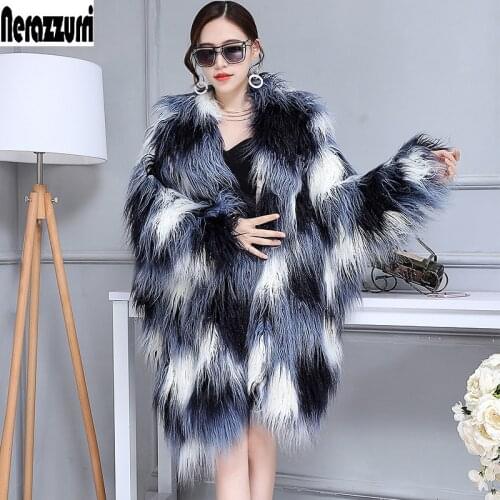 Nerazzurri Winter Faux Fur Coat With Hood Bat Sleeved Streetwear Women Oversized Loose Shaggy Hairy Mongolian Sheep Fur Jacket