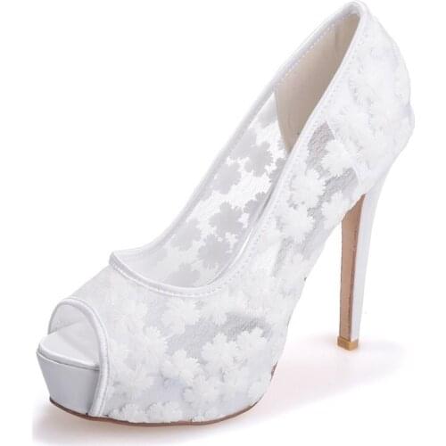 High Heels Platform Lace Wedding Shoes for Bride Peep Toe Slip-on Breathable Lace Prom Evening Party Dress Pumps