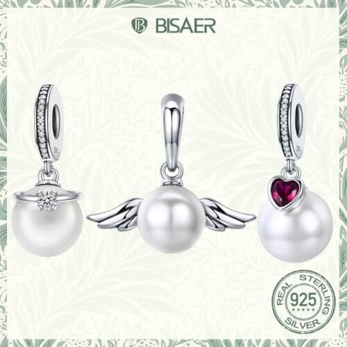 BISAER 925 Sterling Silver Blooming Pearl Pink Heart Charms Beads Fit Original Charm Bracelet Silver 925 Jewelry Making ECC782