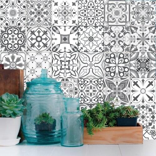 Customed size Vintage Tile Stickers Self-adhesive Waterproof Moroccan Mosaic Wall Decals Contemporary Grey sticker style 20x100
