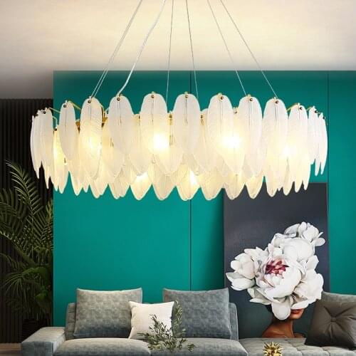 Luxury white feather glass chandelier living room 2021 round bedroom home decor hanging lamp rectangle kitchen lights fixture