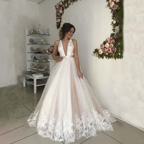 Sexy Floor Length Sweep Train Sleeveless Bridal Dress A Line Open Cross Back Applique V Neck Tulle Wedding Dresses Vestido De No