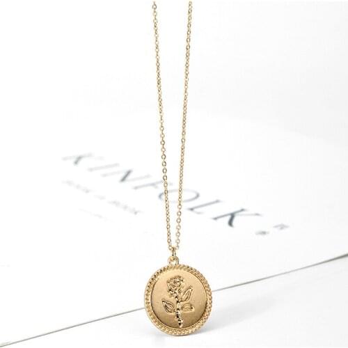 SRCOI Dainty Gold Color Rose Necklace Pendant Round Coin Geometric Chain Choker Necklace Women Party Medallion Fashion Jewelry