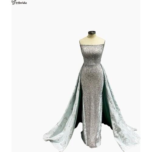 YYbride New Light Blue Fabric Boat Neck Mermaid Skirt Full Hand Sewing Beading With Long Train Customized Luxury Evening Dresses