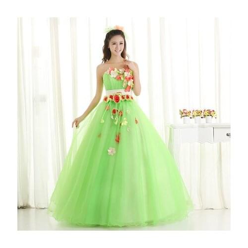 Light green flowers fairy fancy ball gown Medieval Renaissance Gown Victorian Antoinette Belle Ball stage performance