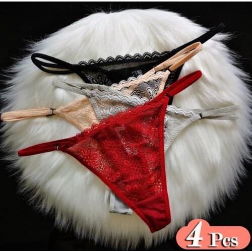 4Pcs/Lot Sexy Lace Pattern Women Underpants Hollow Out Transparent Panties Bandage Underwear Adjustable Lingerie Sexy Thong Set