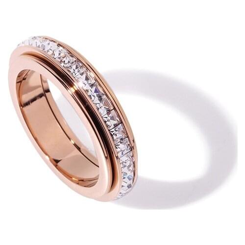 YUN RUO Rotatable Pave Zircon Crystal Ring Bridal Wedding Rose Gold Fashion Titanium Steel Jewelry Woman Not Fade Drop Shipping
