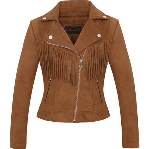 Brown faux leather Women high quality suede leather jacket spring fall new casual fashion ladies tassel coat biker jacket pink