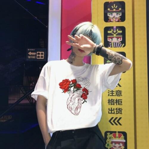 Flower Harajuku Art Aesthetics Heart Personality Print Female T-Shirt New Summer Fashion Casual O-Neck Ulzzang womens Clothing