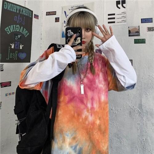Women Loose Casual long T-Shirt Cool Grunge gothic top tie-dye Print Harajuku Hipster Punk Style Unisex 2020 New Autumn T Shirt