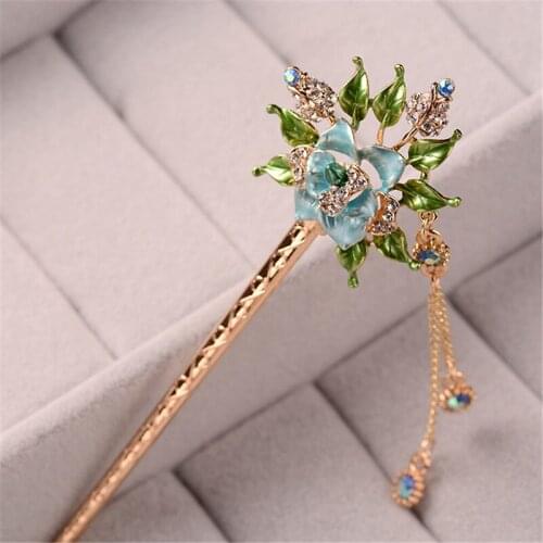 Women Handmade Colorful Enamel Rose Beauty Flowers Hairpin Rhinestone Crystal Hair Sticks Pin Girls Chinese Style Hair Jewelry