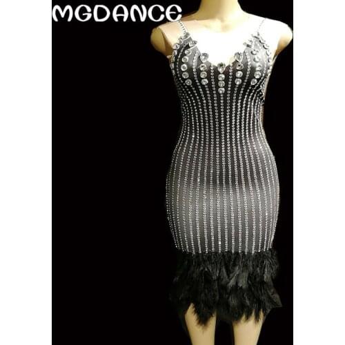 Sparkling Crystals Women Sexy Stage Black Feather Dress Nightclub Birthday Party Stage Wear Dancer Singer Bling Dance Costumes