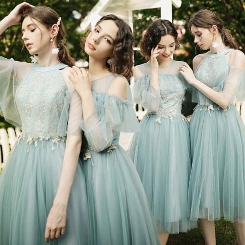 Bridesmaids Dresses Vintage Short O-Neck Embroidery A-Line Knee-Length Lace Tulle Off The Shoulder Women Wedding Party Gown E169