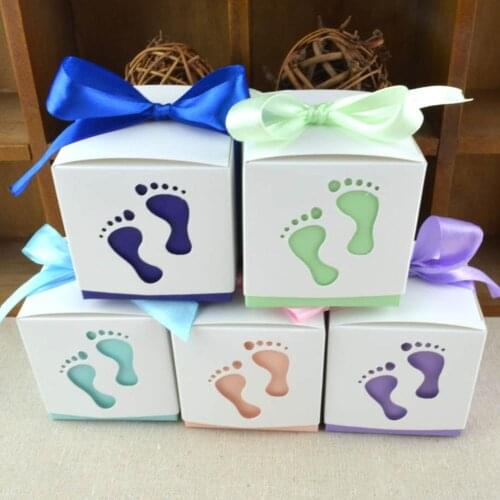 10Pcs Baby Shower Footprint Candy Boxes Favor Holder Ribbon Birthday Gift Case