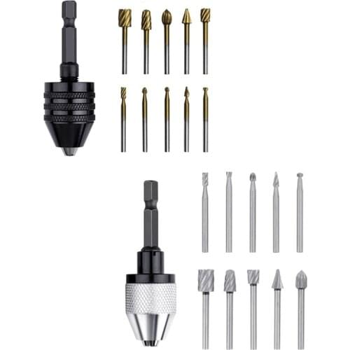 10Pcs Routing Wood Rotary Milling Rotary File and Keyless Drill Bit Chuck Quick Change Adapter Converter