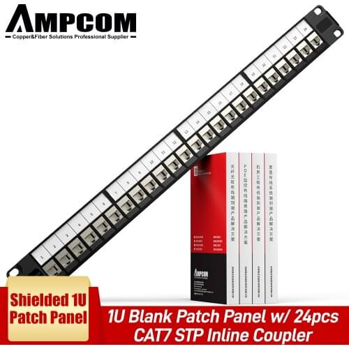 AMPCOM (UL Listed) 24 Port RJ45 Shielded Through Coupler Patch Panel with Back Bar, Rack Mount 1U, 19 inch, CAT6/CAT7 STP Module