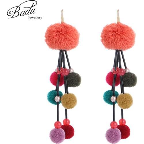 Badu Bohemian Earrings for Women Colorful Cotton Pompom Ball Pendant Long Dangle Drop Earrings Christmas Party Jewelry Wholesale