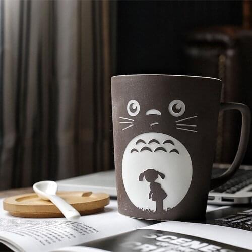 Ceramic Cartoon Totoro Milk Coffee Mugs With Lid and Spoon Large Capacity Matte Water Cup Office Teacups Kitchen Drinkware Gift
