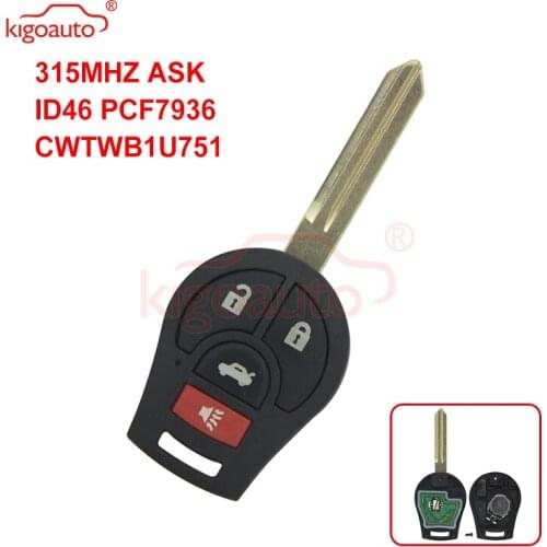 Kigoauto Remote key 3 button with panic 315MHZ ASK ID46 PCF7936 CWTWB1U751 for Nissan VERSA CUBE JUKE ROGUE SENTRA