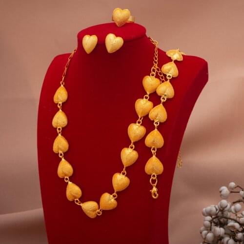 24K Dubai Jewelry sets high Quality Gold Color plated unique Heart Design Necklace earring bracelet ring Wedding jewelry set