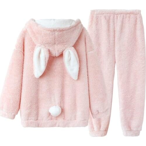 Cute Winter Pajamas Set Women Lolita Bunny Warm Sleepwear Girls Kawaii Rabbit Plush Sleep Pants Pink Lounge Home Nightgown