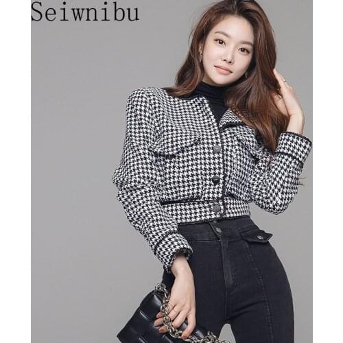 Fashion Korean short jacket 2020 Winter new retro puff sleeve loose long sleeve Woolen houndstooth coat jacket for women