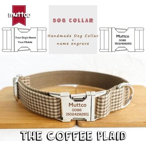 MUTTCO individual customized nameplate engraved flexible dog collar for small medium large dogs THE COFFEE PLAID 5 sizes UDC072