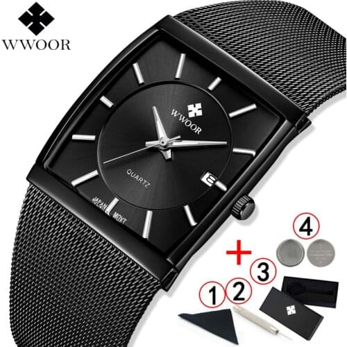 WWOOR Mens Watches Top Brand Luxury Business Square Mesh Male Wrist Watch Waterproof Stainless Steel Black Watches For Men 2019