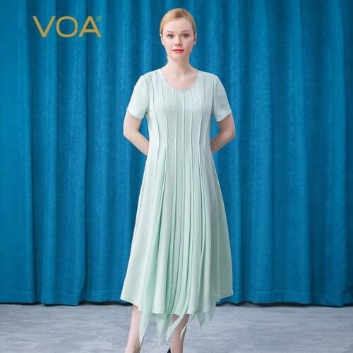 VOA Silk Heavy 30M/m Mint Green Sand Washing Process Conventional Short Sleeve High Waist Pleated Round Neck Dress AE730