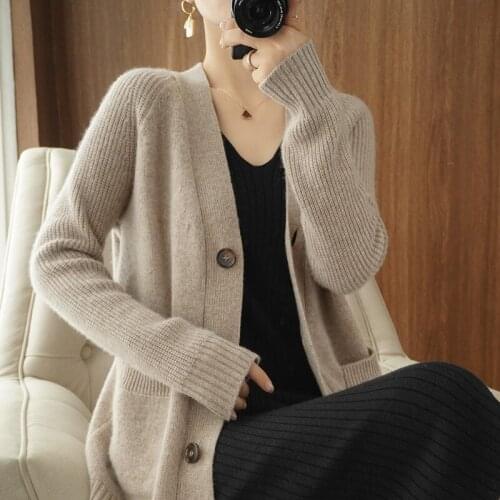 100% Wool New Autumn And Winter Loose V-neck Cardigan All-match Knitted Jacket Women