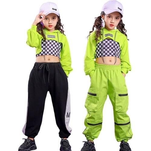 Lolanta Girls Hip Hop Dance Clothes Green Crop Top Or Black Green Pants / Plaid Vest Children Streetwear Performance Costume