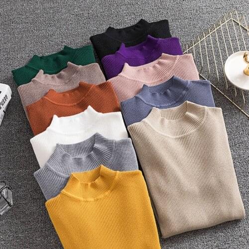 2021 Autumn Winter Women Pullovers Sweater Knitted Korean Elasticity Casual Fashion Slim Turtleneck Warm Female Black Solid 0837