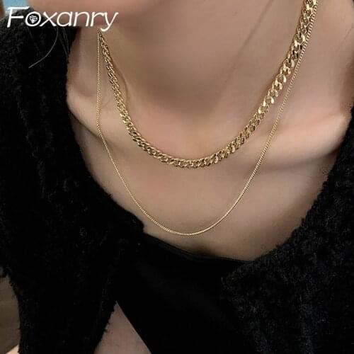Foxanry 925 Sterling Silver Double-layered Chain Necklace Fashion Luxury Jewelry Gifts for Women Vintage Rock Party Accessories