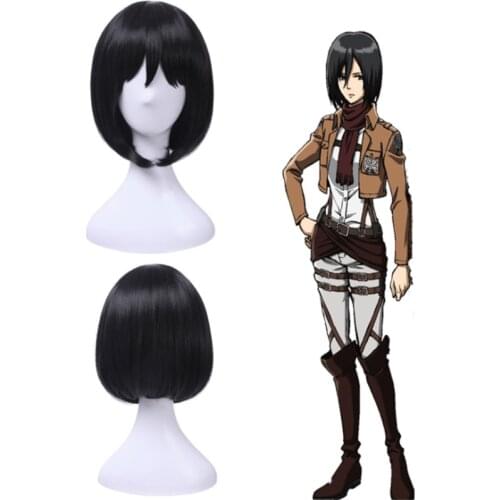 Anime Attack on Titan Mikasa Ackerman Wig Short Black Hair Cosplay Wig Role Play Halloween Hair Synthetic 40cm Wig Cap