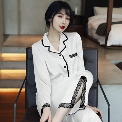 Net Red New Spring Summer Silk Pajamas For Women Fashion Lapel Sleepwear Set Lace Satin Night Suit Lady Loungewear Pijamas