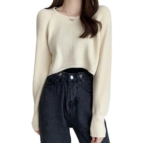 Casual Loose Short Sweaters Women Spring Knitted Long Sleeve Pullovers Female Gentle Round Neck Solid Color Soft Tops 2021