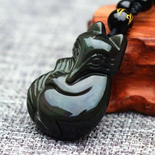 Drop Shipping Natural color Obsidian Stone Pendant Carved Fox Pendant Necklace Gift for Women Jades Fashion Jewelry Free Chain
