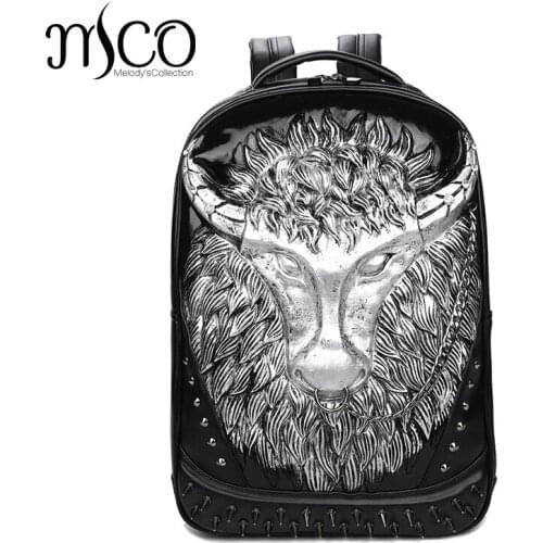 Fashion Trend 3D Embossed Ram Head Rivet Gother Light Double Backpack Men Women Faux Leather Travel Backpacks Laptop School Bag