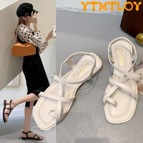 Thin Strap Sandals Female Summer New Fairy Style Flat Cross Strap Open Toe Roman Shoes 2021 Korean Student Flat Shoes