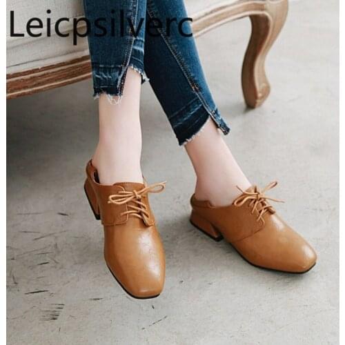 Pumps Spring and autumn new style Fashion Square head Lace-up Thick heel Low-heeled Womens shoes plus size 32-48