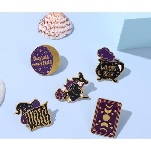 Witch Enamel Pins Purple Magic Card Witch Brew Punk Halloween Brooch Lapel Pin Badges Gift Freinds Jewelry Accessories