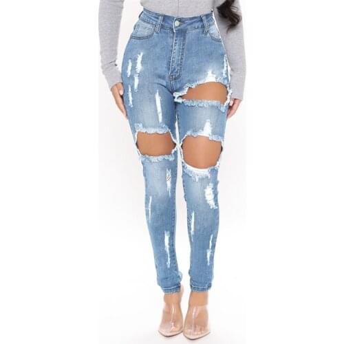 Women High Waist Jeans Sexy Ripped Hole Stretch Elastic Skinny Pencil Pants Female Plus Size Zipper Wash Denim Trousers Girl