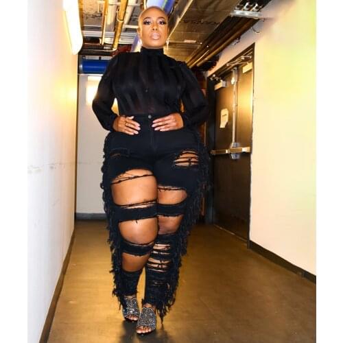 ZJFZML ZZ Women Clothing Jeans Plus Size 2021 High Waist Hollow Tassels Spliced Bodycon Trouser Joggers Dropshipping Wholesale